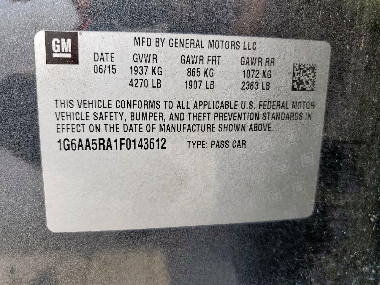 2015 Cadillac Ats VIN: 1G6AA5RA1F0143612 Lot: 93692385