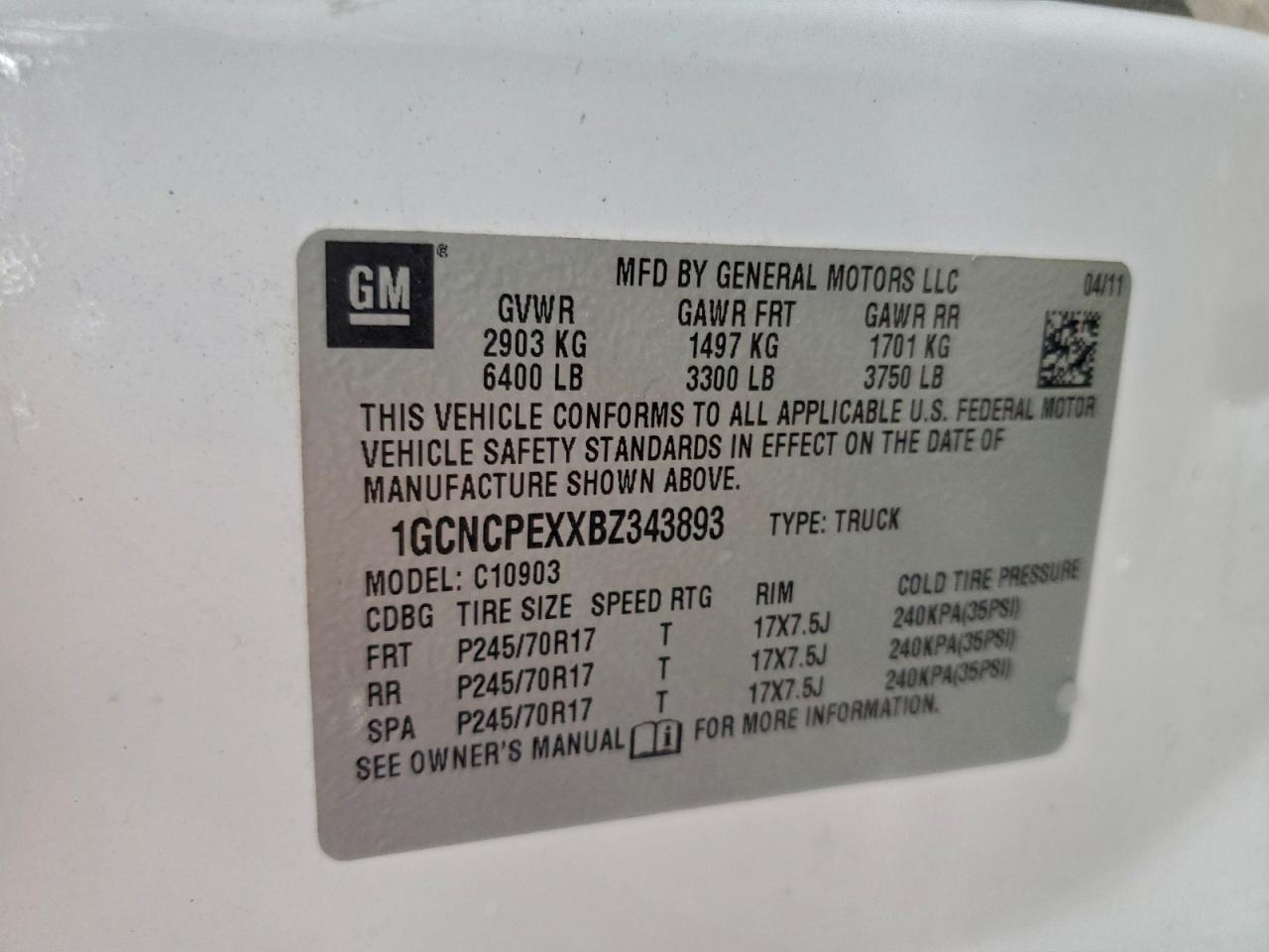 2011 Chevrolet Silverado C1500 VIN: 1GCNCPEXXBZ343893 Lot: 94339285