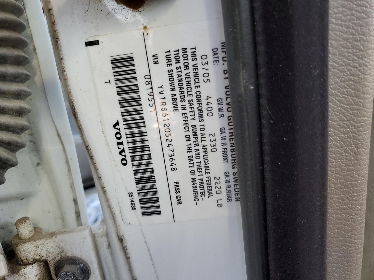 2005 Volvo S60 VIN: YV1RS612052473648 Lot: 93189255