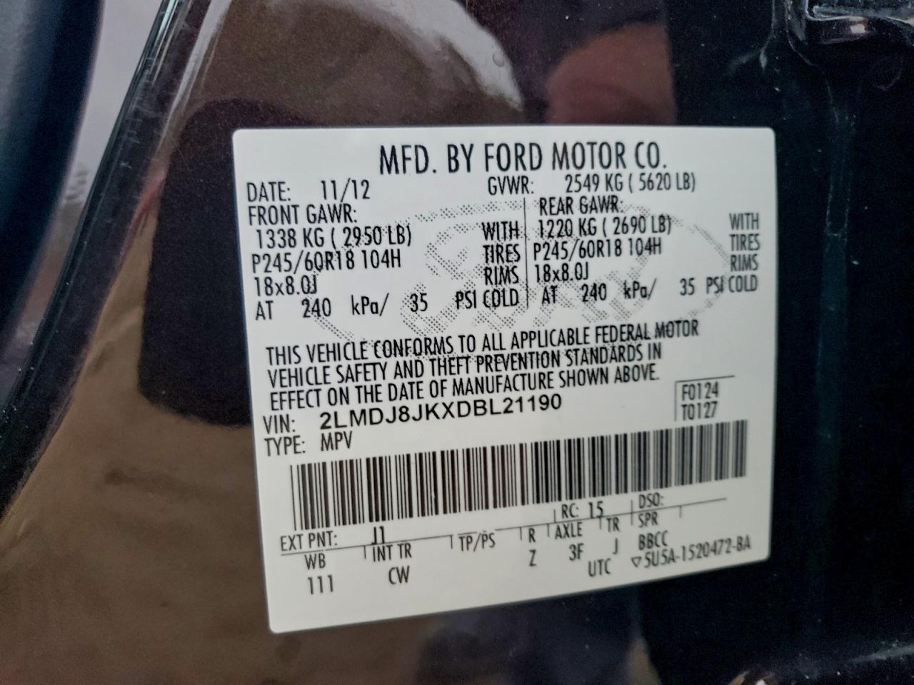 2013 Lincoln Mkx VIN: 2LMDJ8JKXDBL21190 Lot: 92675685