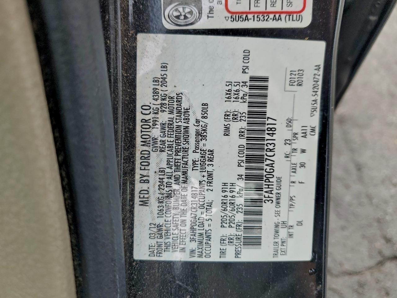 2012 Ford Fusion S VIN: 3FAHP0GA7CR314817 Lot: 94314345