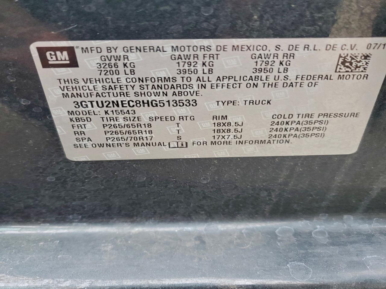 2017 GMC Sierra K1500 Slt VIN: 3GTU2NEC8HG513533 Lot: 92749675