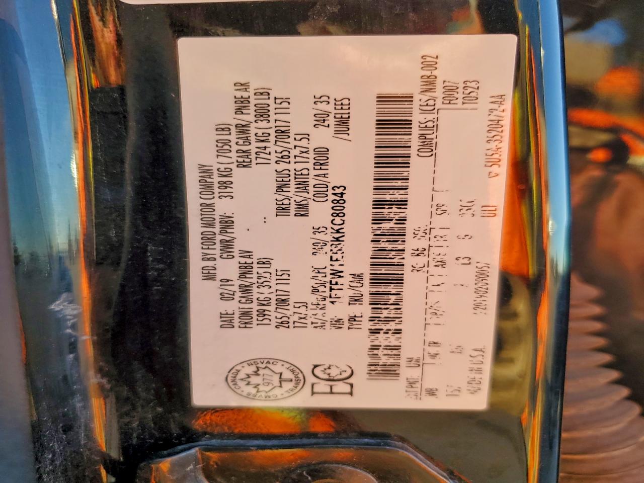 2019 Ford F150 Supercrew VIN: 1FTFW1E58KKC80843 Lot: 94296425