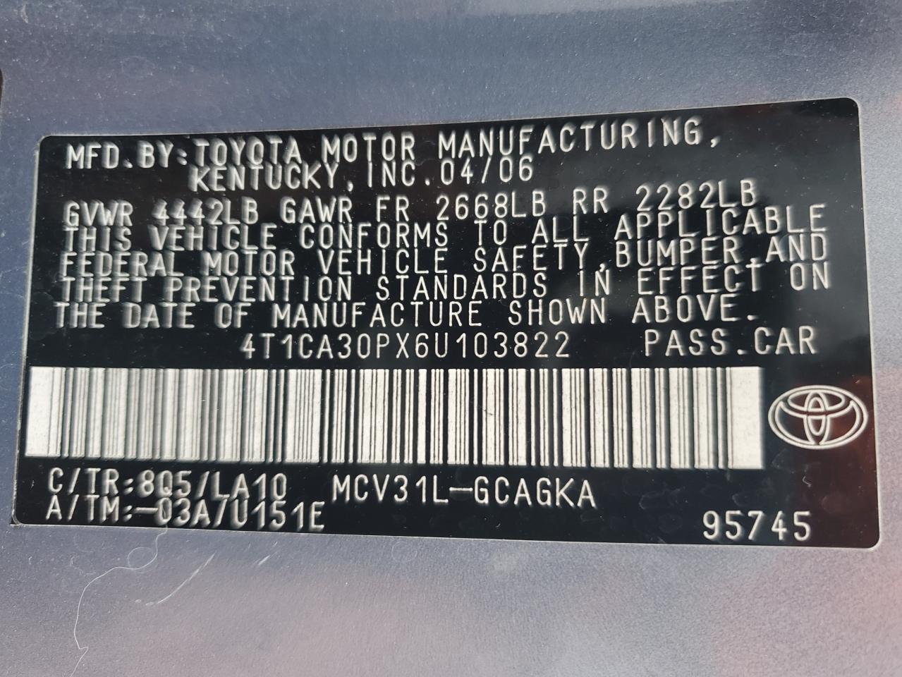 2006 Toyota Camry Solara Se VIN: 4T1CA30PX6U103822 Lot: 92750765