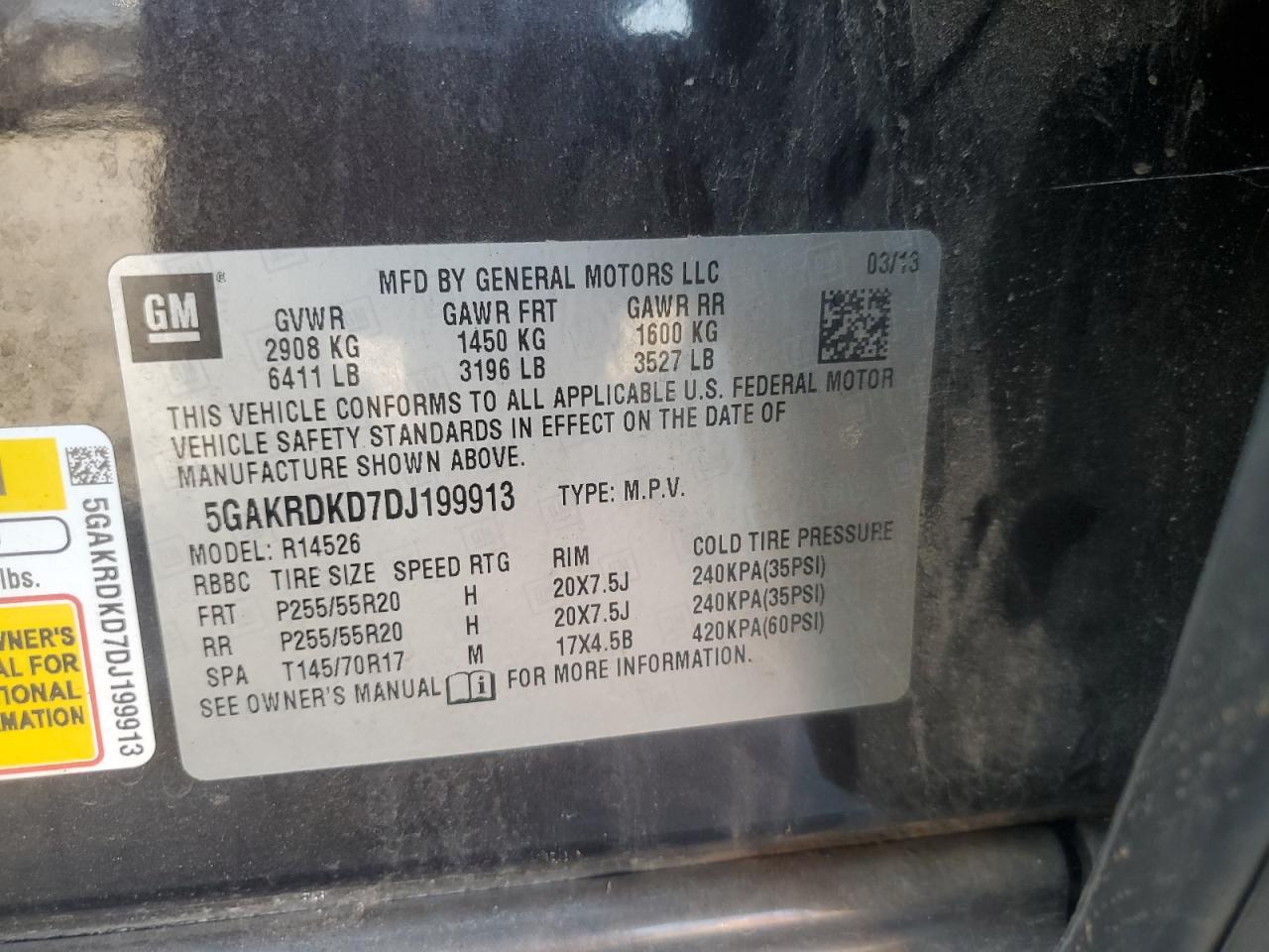 2013 Buick Enclave VIN: 5GAKRDKD7DJ199913 Lot: 91771305