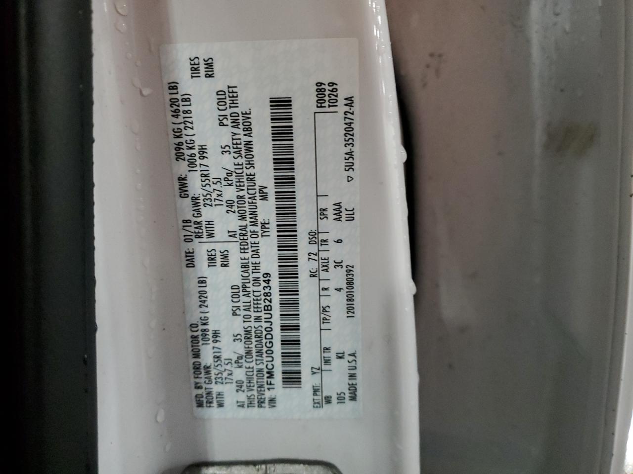 2018 Ford Escape Se VIN: 1FMCU0GD0JUB28349 Lot: 91848125