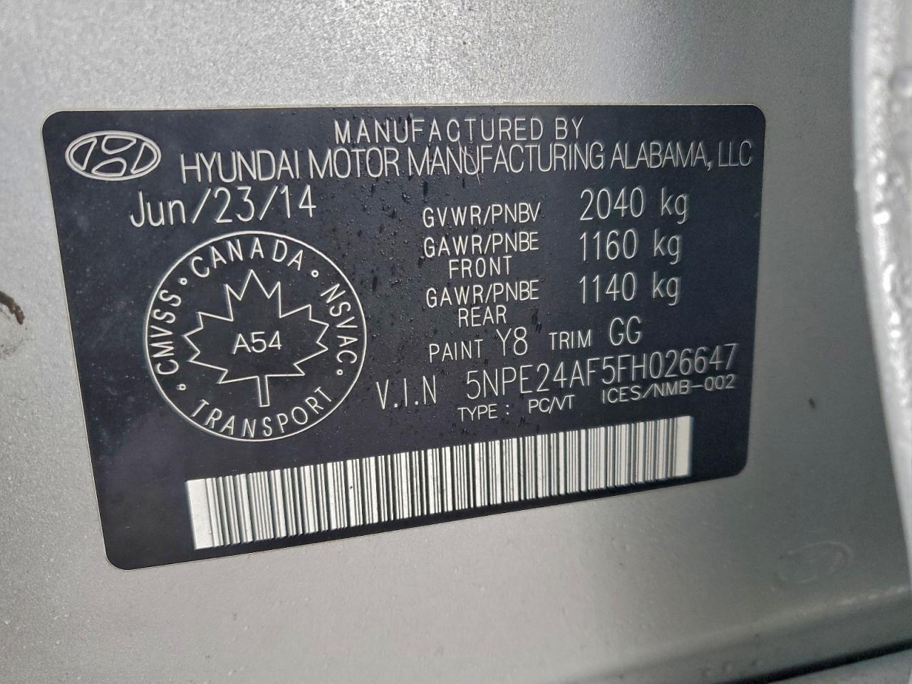 2015 Hyundai Sonata Se VIN: 5NPE24AF5FH026647 Lot: 94296615