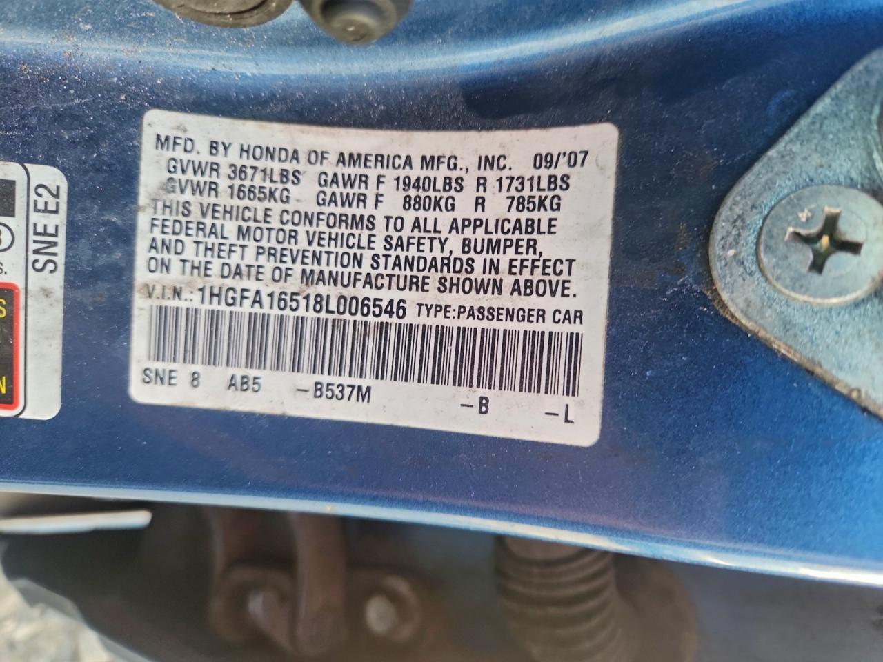 2008 Honda Civic Lx VIN: 1HGFA16518L006546 Lot: 94185205