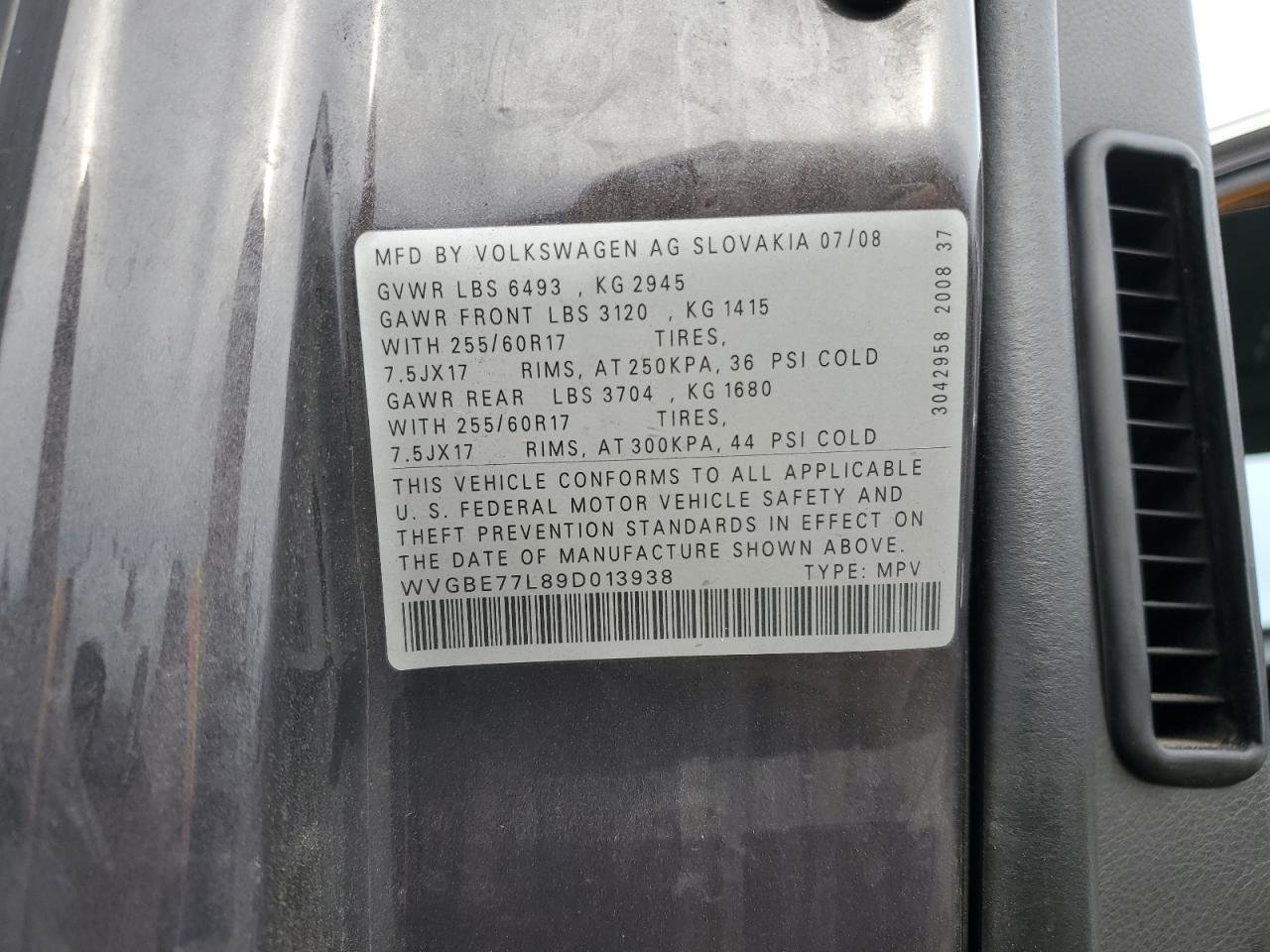 2009 Volkswagen Touareg 2 V6 VIN: WVGBE77L89D013938 Lot: 90881985