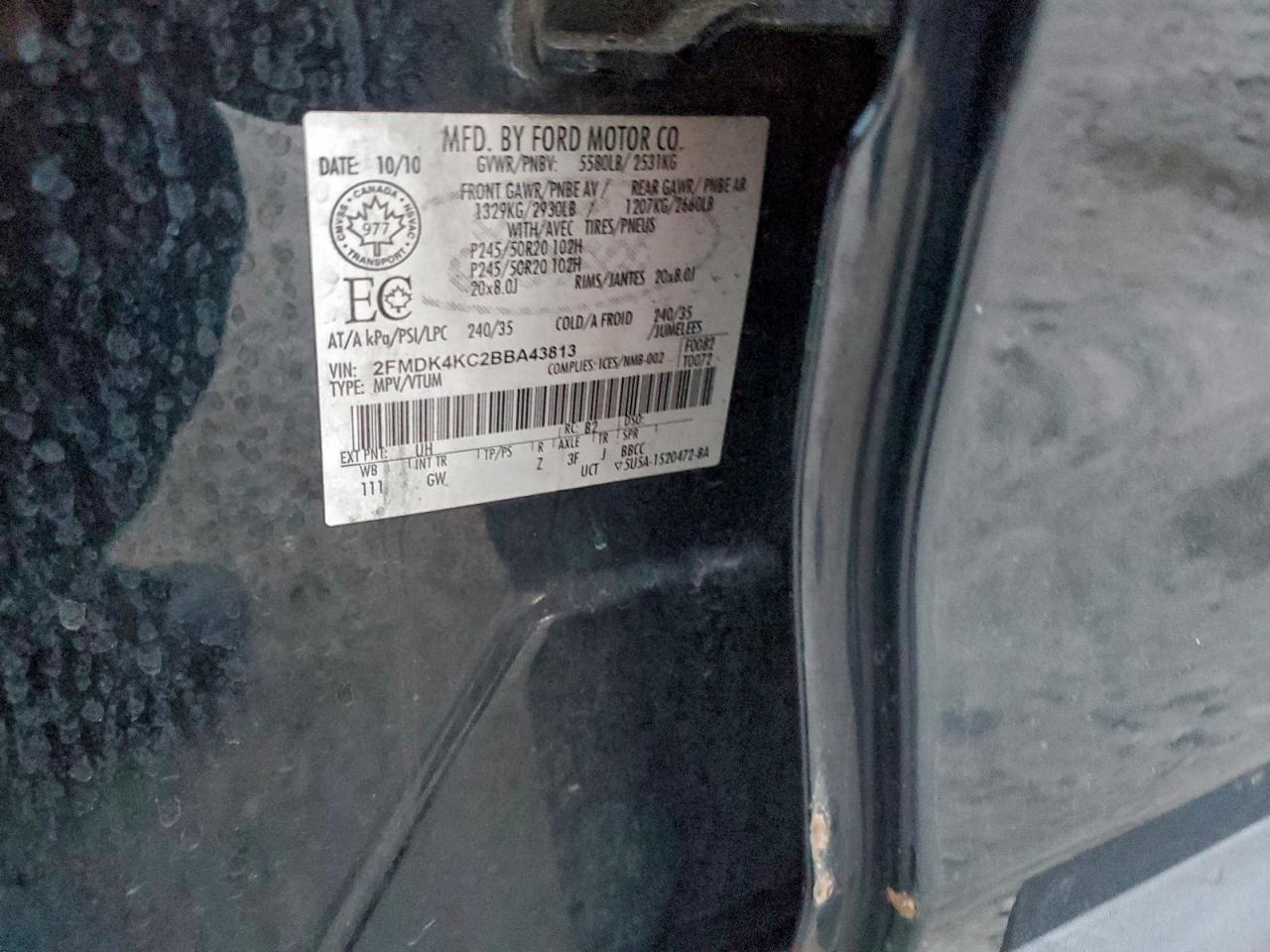 2011 Ford Edge Limited VIN: 2FMDK4KC2BBA43813 Lot: 93676845