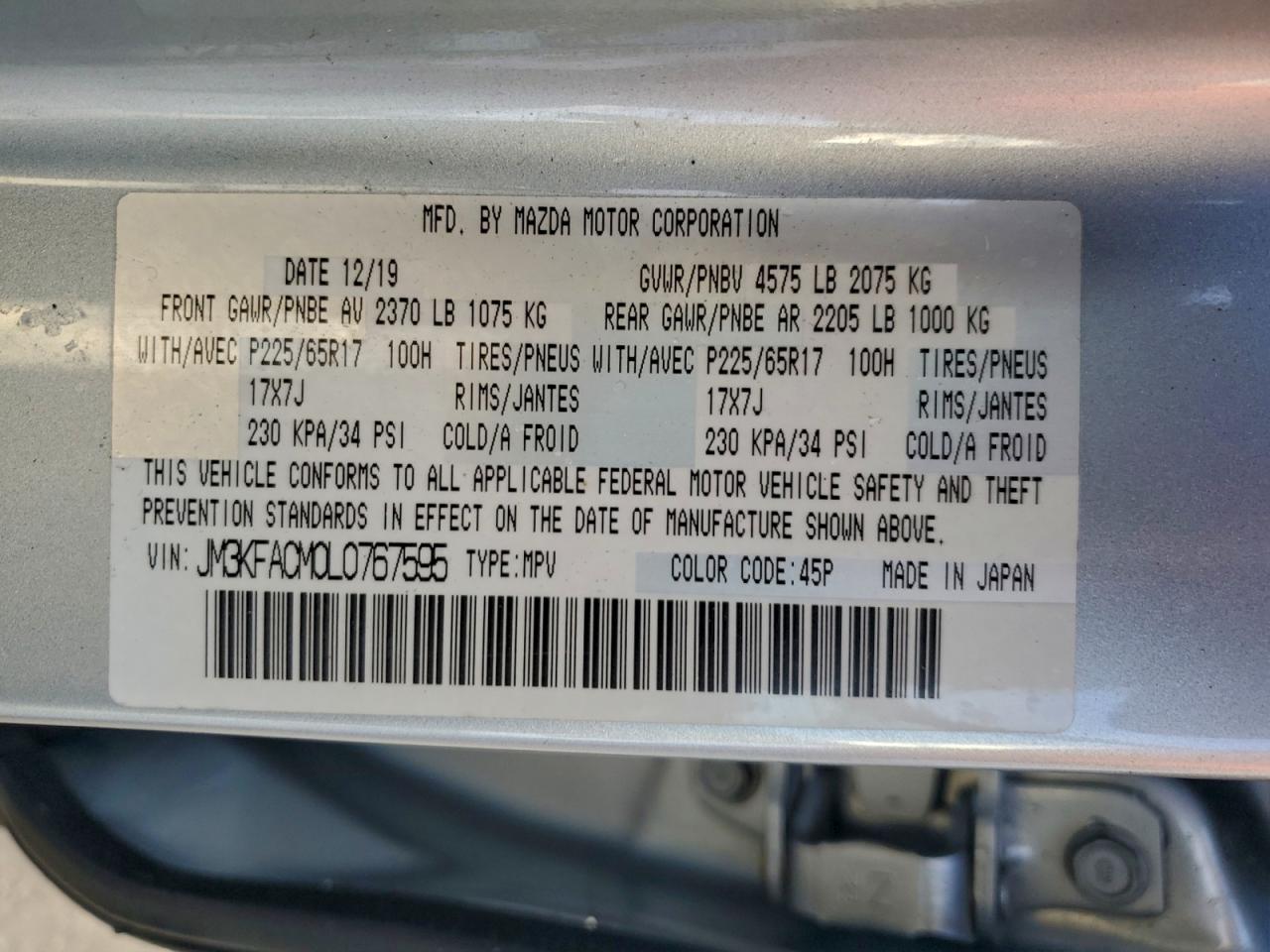 2020 Mazda Cx-5 Touring VIN: JM3KFACM0L0767595 Lot: 93735365