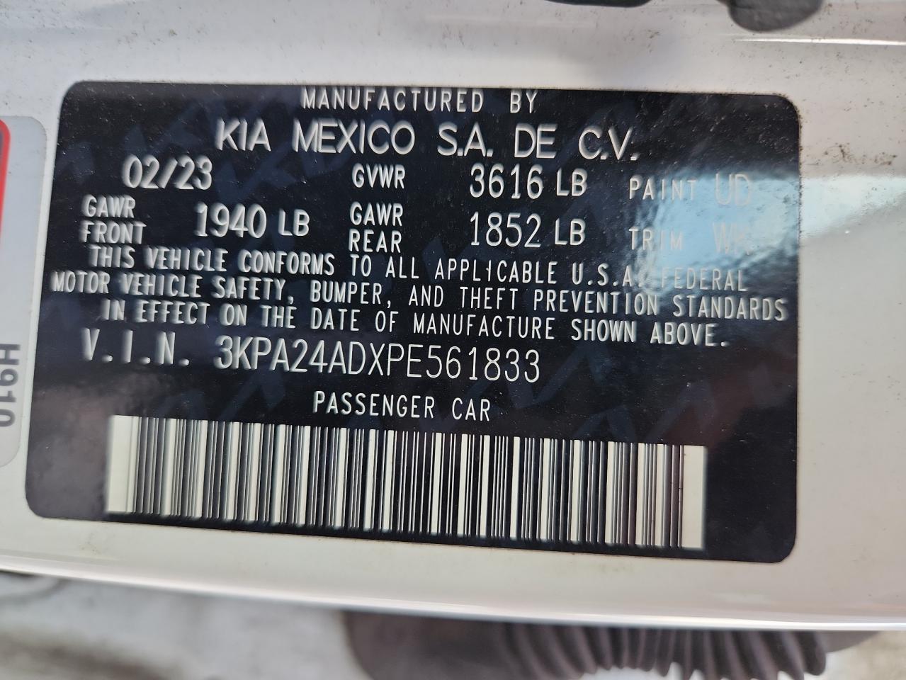 2023 Kia Rio Lx VIN: 3KPA24ADXPE561833 Lot: 93513175