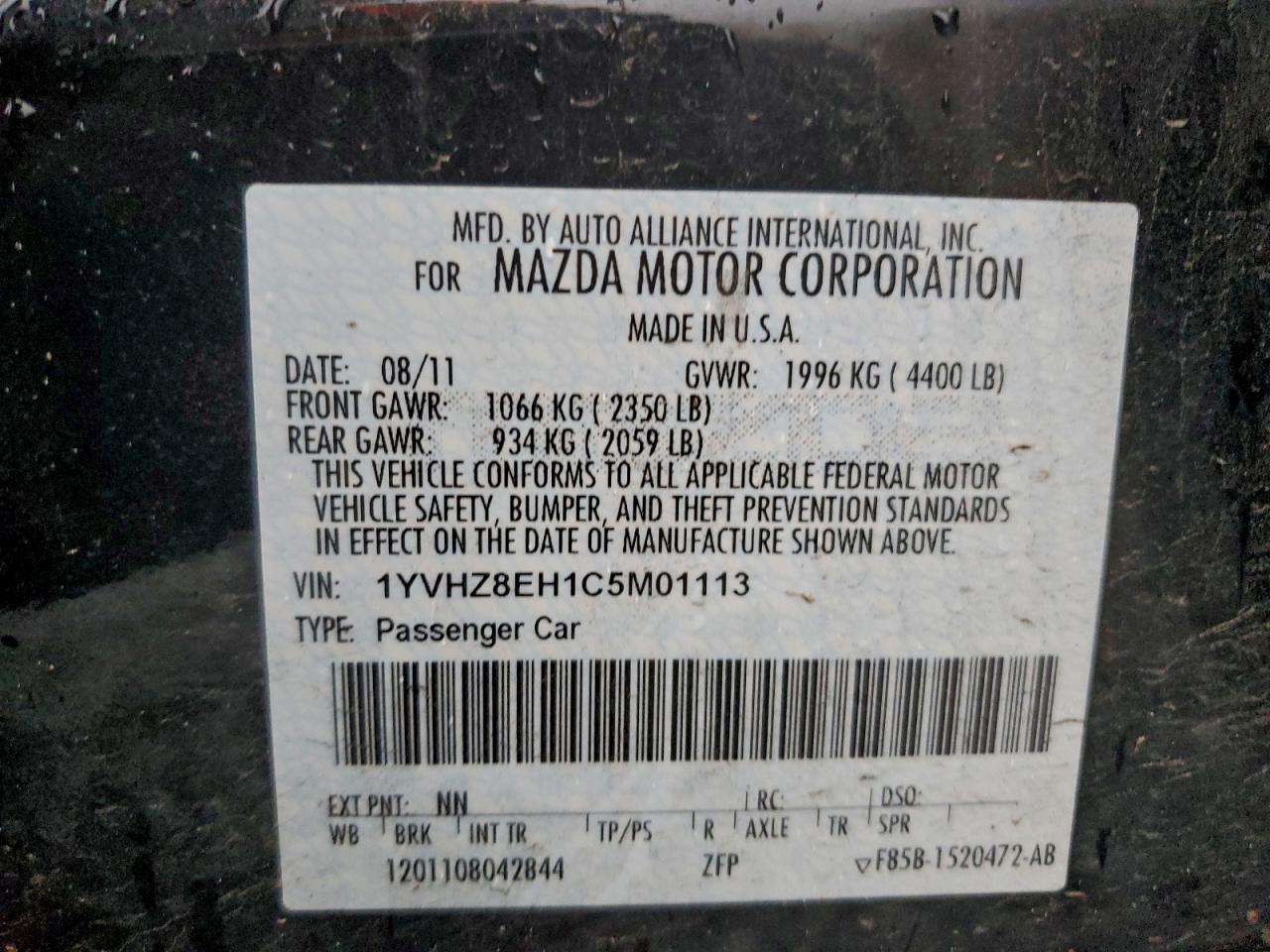 2012 Mazda 6 I VIN: 1YVHZ8EH1C5M01113 Lot: 94461995