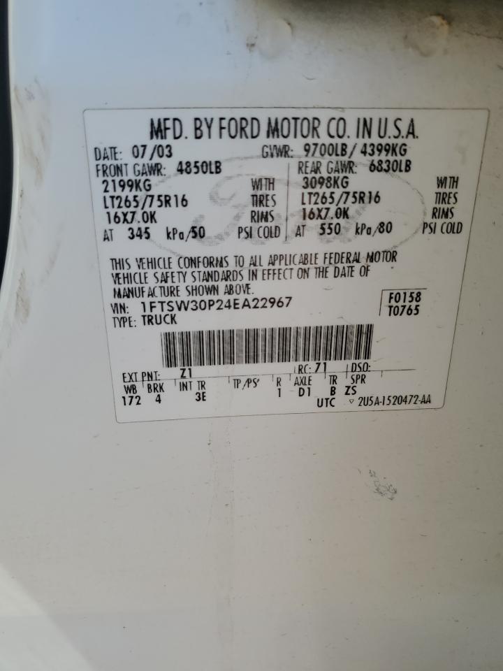 2004 Ford F350 Srw Super Duty VIN: 1FTSW30P24EA22967 Lot: 91220595