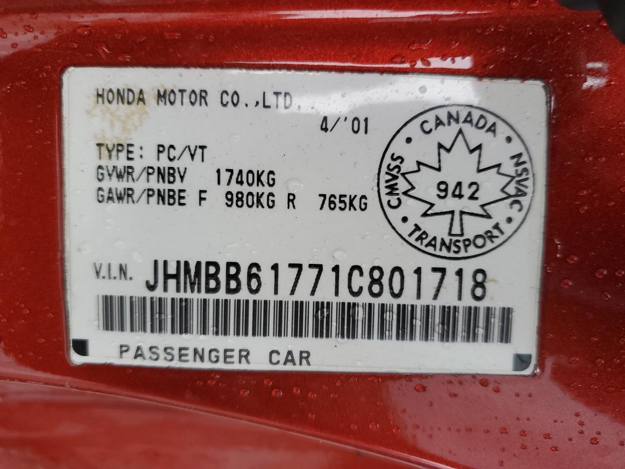 2001 Honda Prelude Se VIN: JHMBB61771C801718 Lot: 91671925