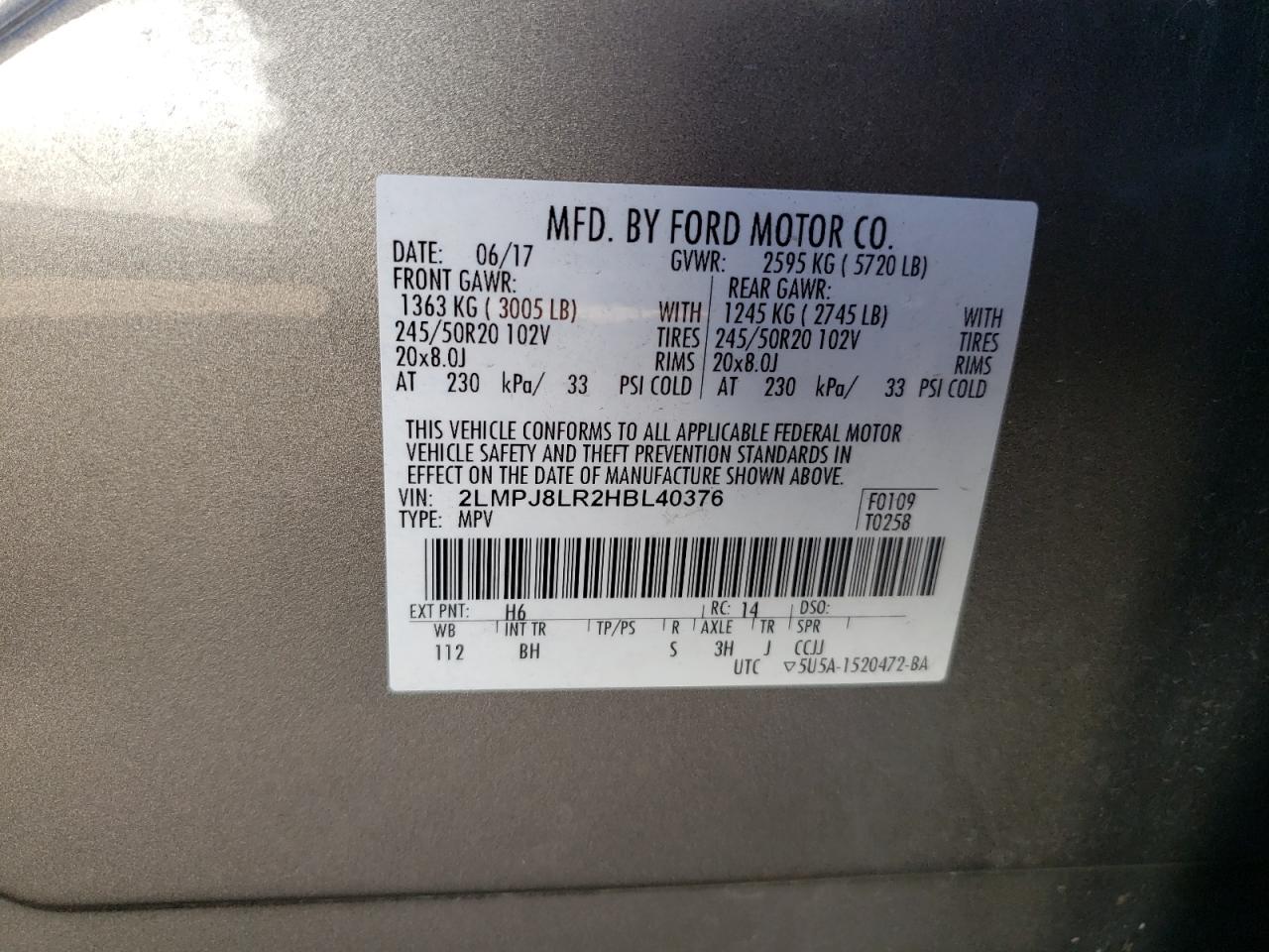 2017 Lincoln Mkx Reserve VIN: 2LMPJ8LR2HBL40376 Lot: 91316265