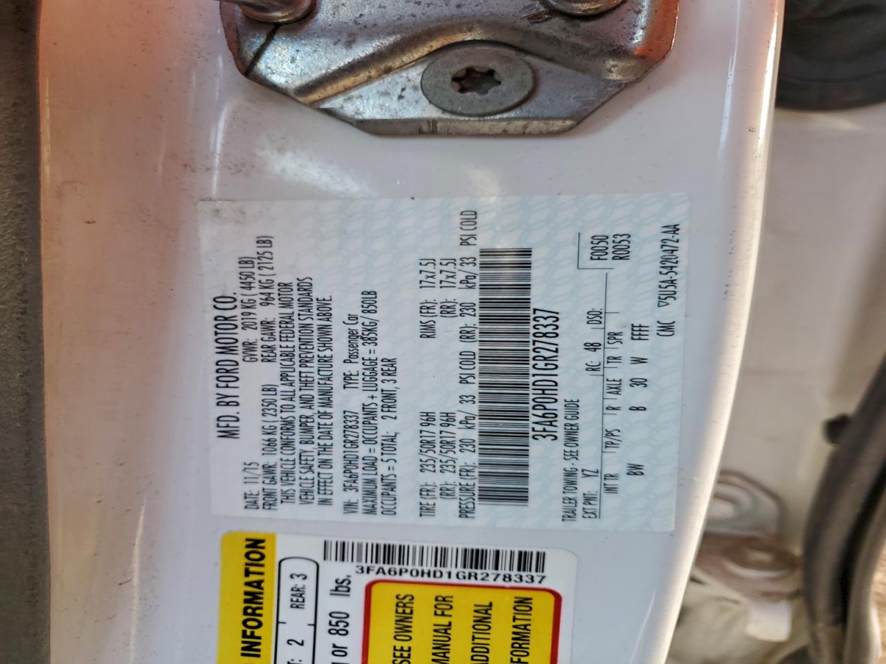 2016 Ford Fusion Se VIN: 3FA6P0HD1GR278337 Lot: 93867565