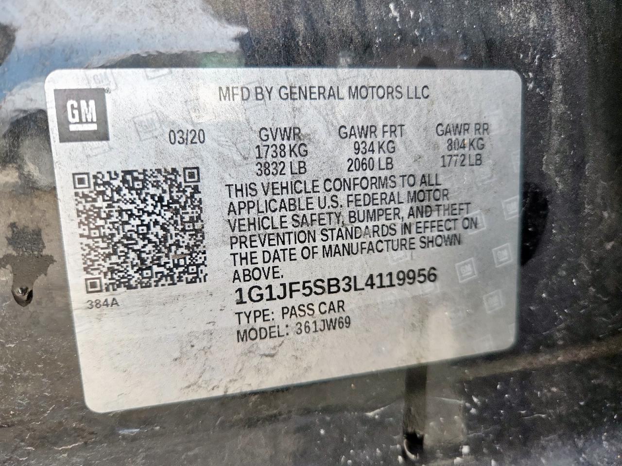 2020 Chevrolet Sonic Premier VIN: 1G1JF5SB3L4119956 Lot: 91007175