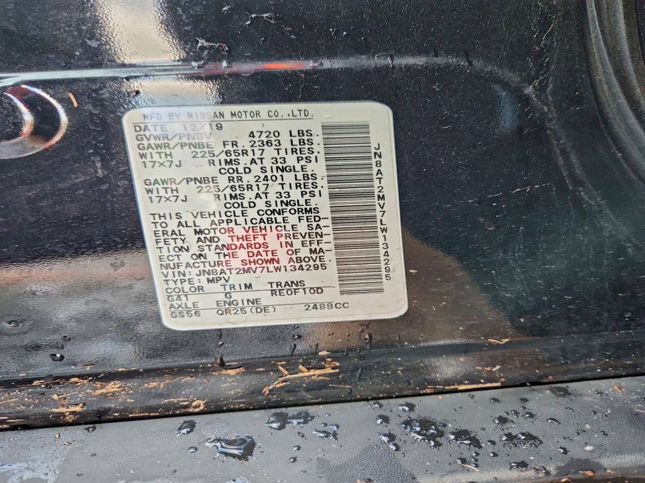 2020 Nissan Rogue S VIN: JN8AT2MV7LW134295 Lot: 94238045