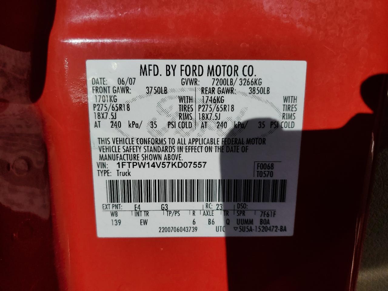 2007 Ford F150 Supercrew VIN: 1FTPW14V57KD07557 Lot: 92535015