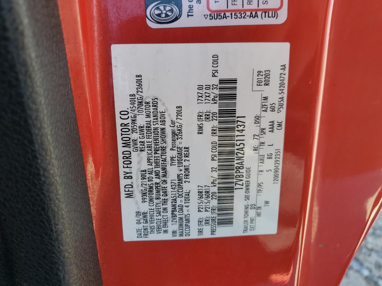 2010 Ford Mustang VIN: 1ZVBP8AN2A5114371 Lot: 92359315