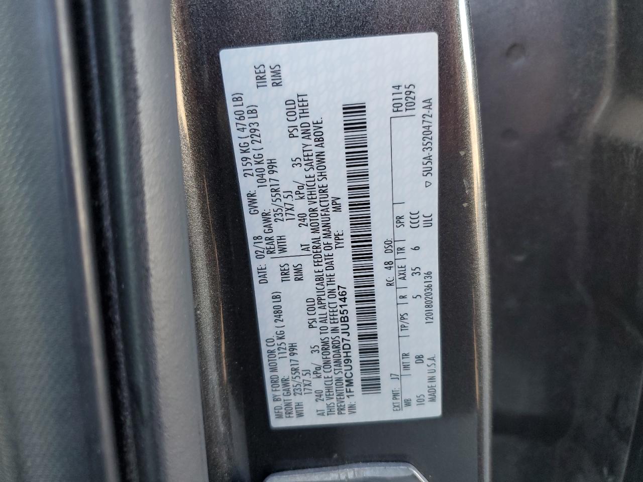 2018 Ford Escape Sel VIN: 1FMCU9HD7JUB51467 Lot: 92816065