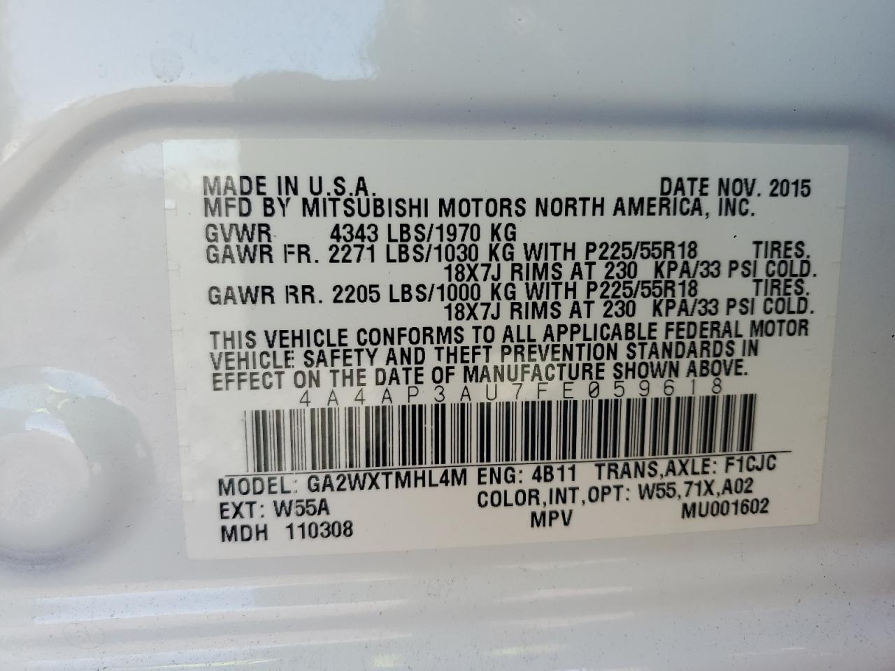 2015 Mitsubishi Outlander Sport Es VIN: 4A4AP3AU7FE059618 Lot: 91482075