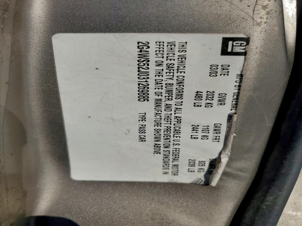 2003 Buick Century Custom VIN: 2G4WS52J031269885 Lot: 93898395