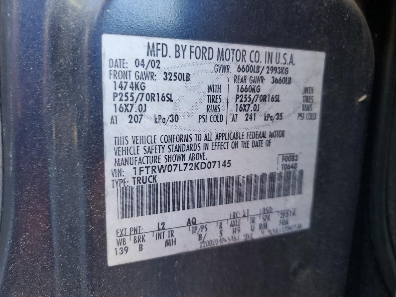 2002 Ford F150 Supercrew VIN: 1FTRW07L72KD07145 Lot: 93000755