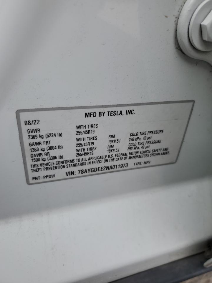 2022 Tesla Model Y VIN: 7SAYGDEE2NA011973 Lot: 93221215