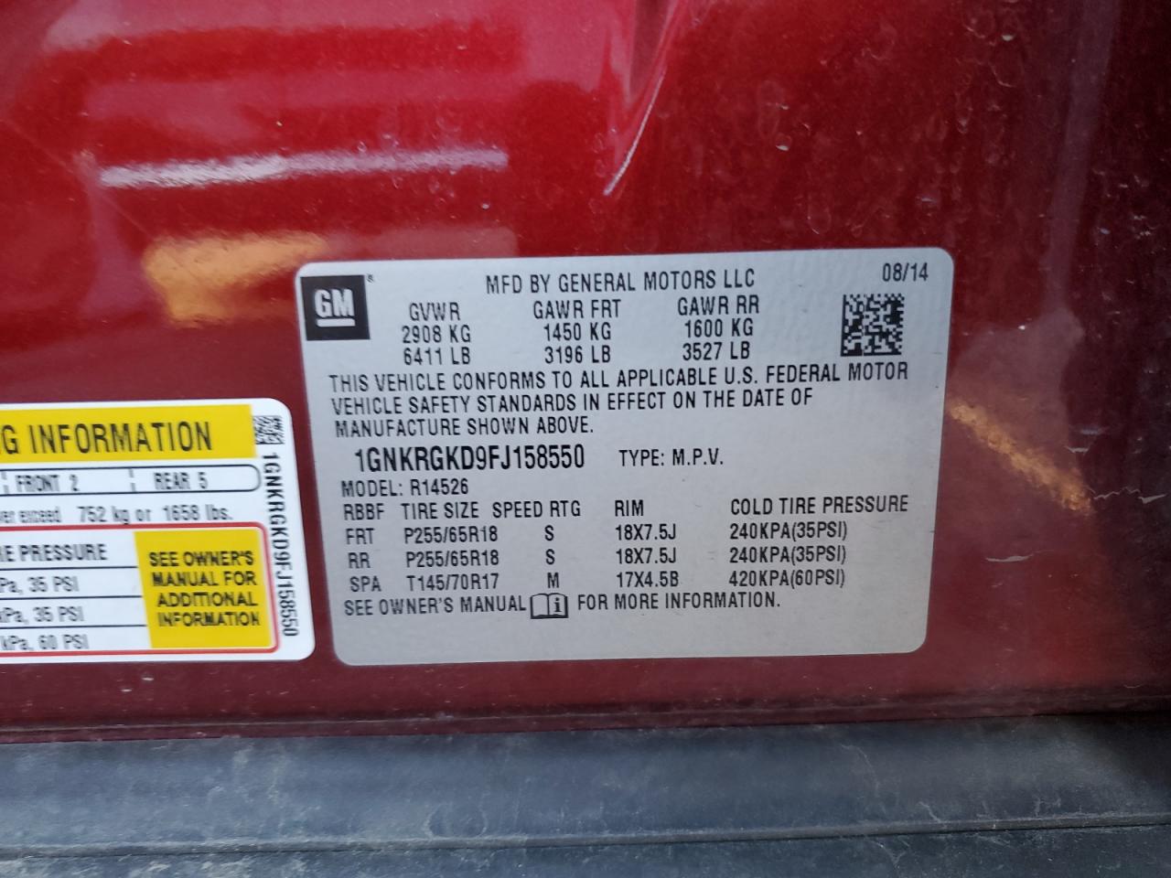 2015 Chevrolet Traverse Lt VIN: 1GNKRGKD9FJ158550 Lot: 93095995