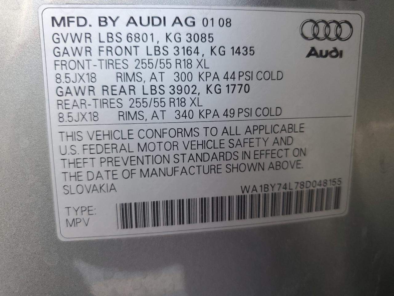 2008 Audi Q7 3.6 Quattro Premium VIN: WA1BY74L78D048155 Lot: 90716645