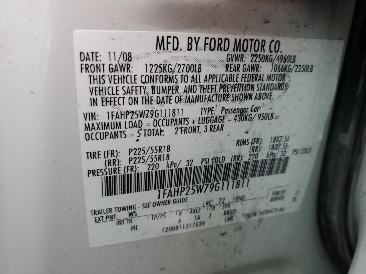 2009 Ford Taurus Limited VIN: 1FAHP25W79G111811 Lot: 93133795