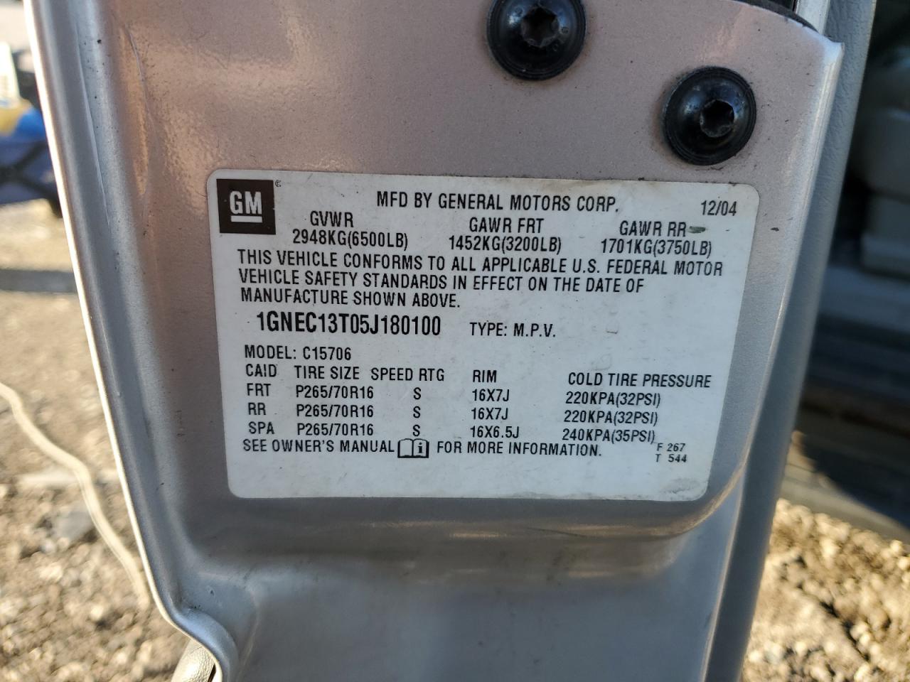 2005 Chevrolet Tahoe C1500 VIN: 1GNEC13T05J180100 Lot: 91830865