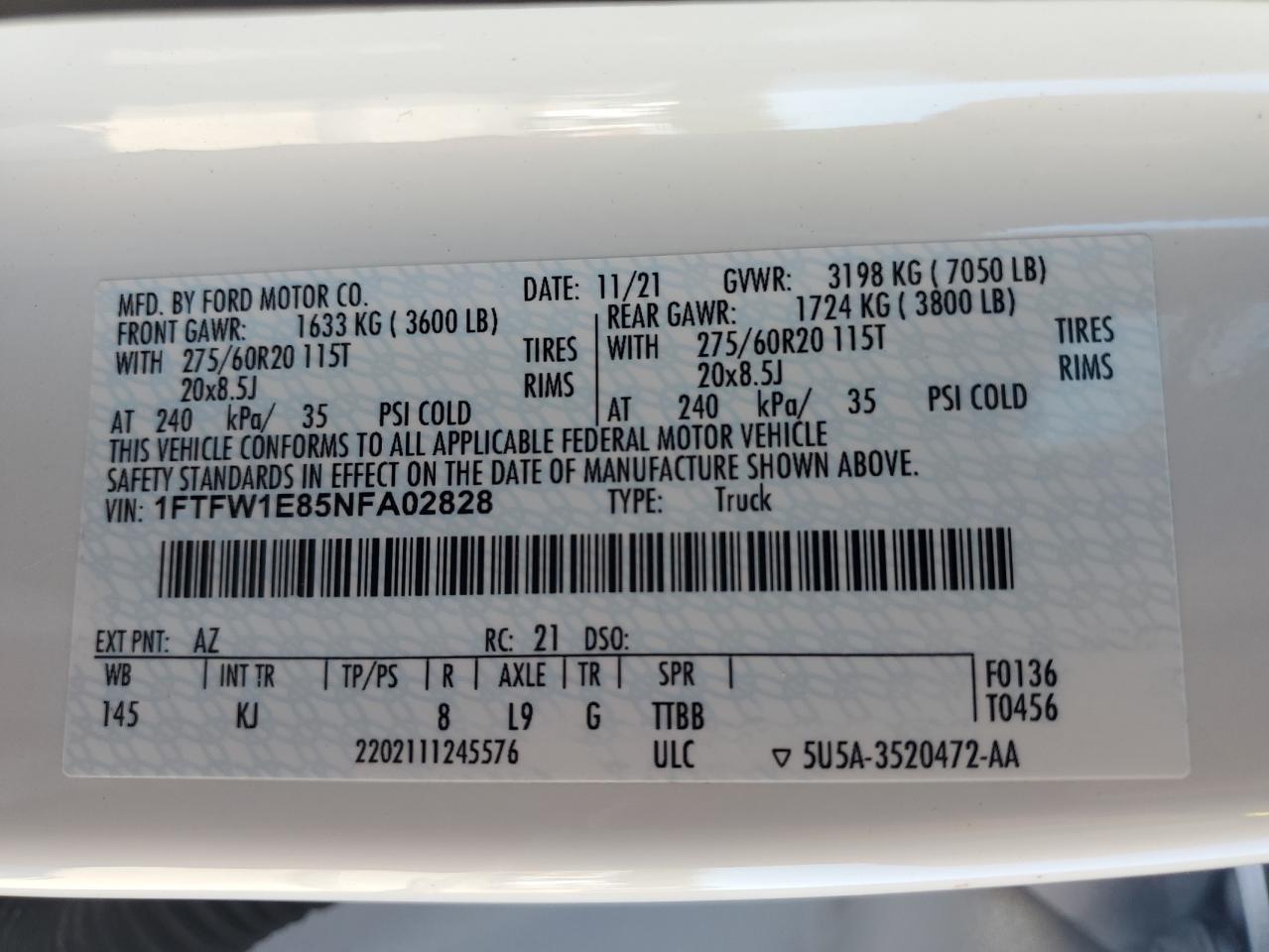 2022 Ford F150 Supercrew VIN: 1FTFW1E85NFA02828 Lot: 90573645