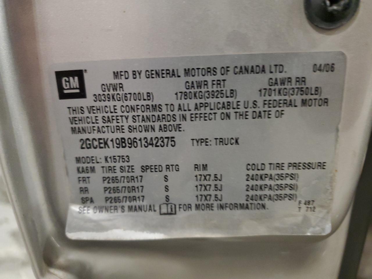 2006 Chevrolet Silverado K1500 VIN: 2GCEK19B961342375 Lot: 92228525