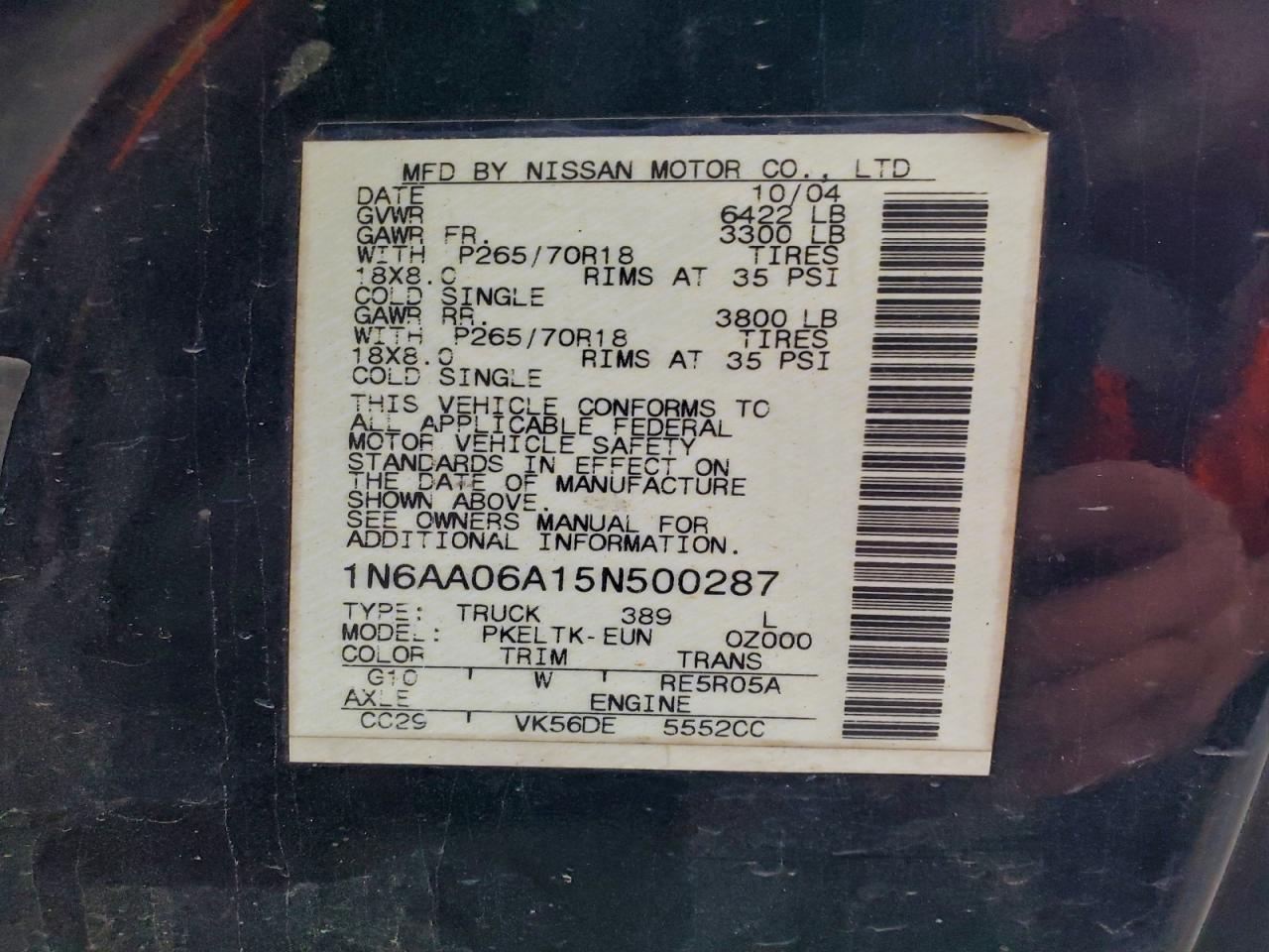 2005 Nissan Titan Xe VIN: 1N6AA06A15N500287 Lot: 94309915