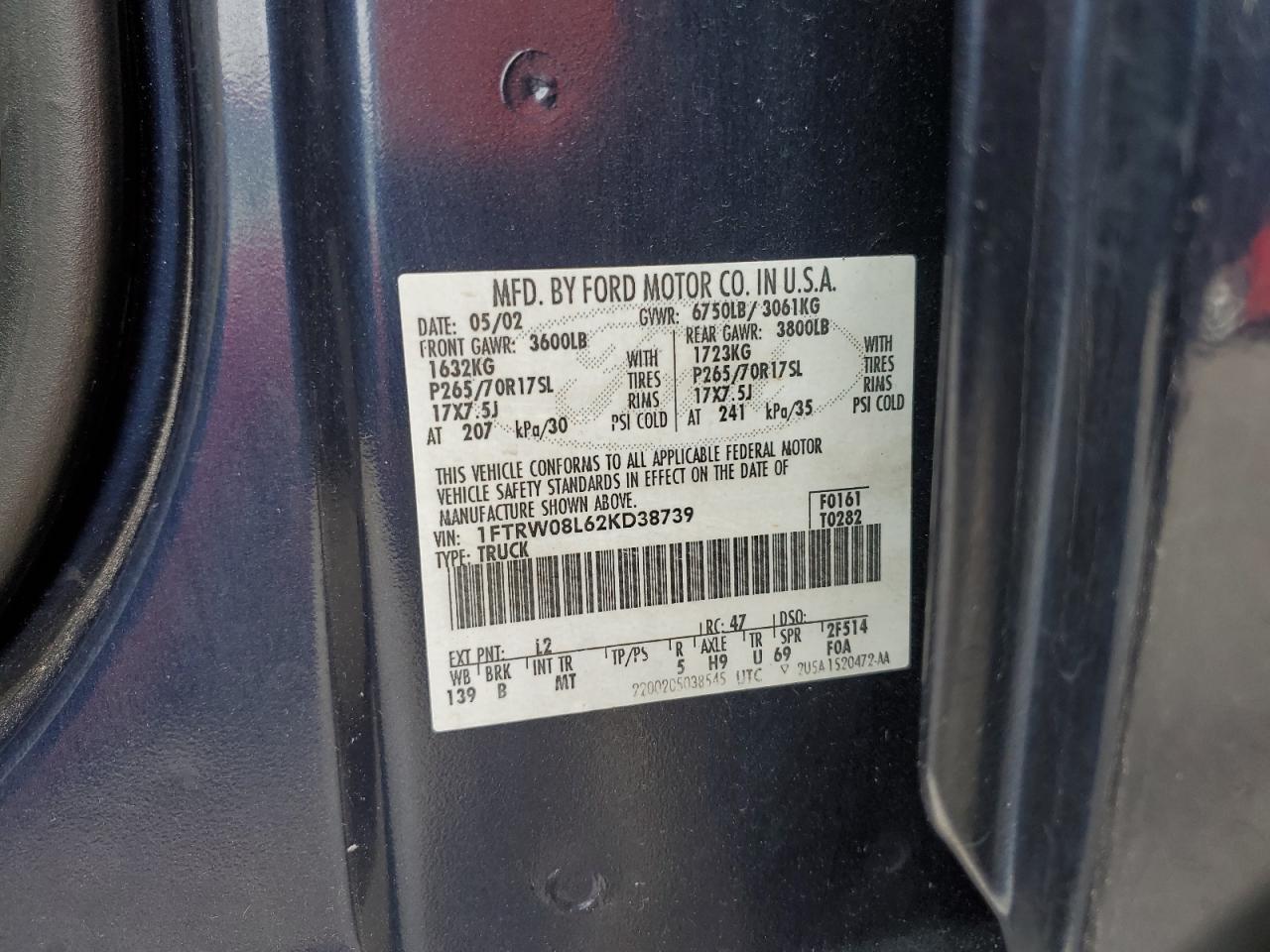 2002 Ford F150 Supercrew VIN: 1FTRW08L62KD38739 Lot: 92174965