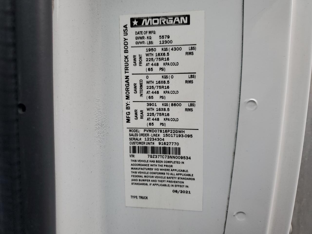 2022 GMC Savana Cut - Box Truck VIN: 7GZ37TC73NN009534 Lot: 93229125