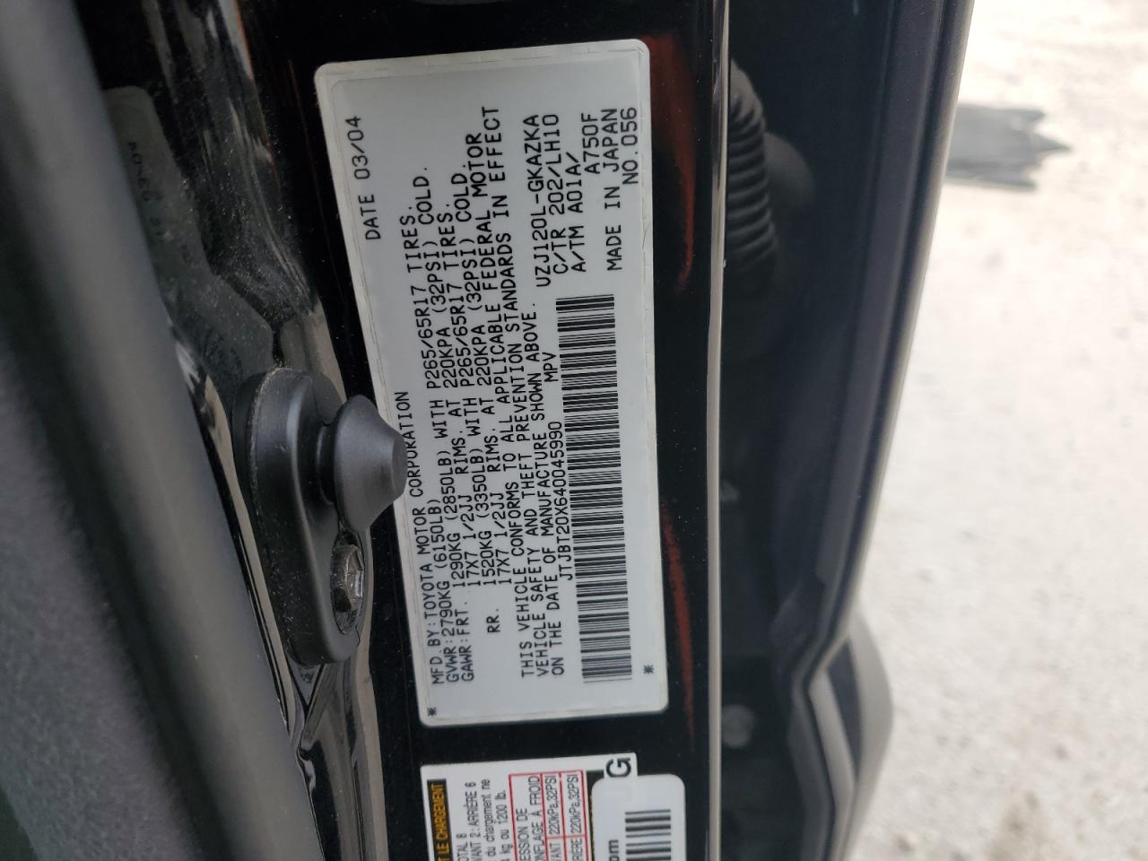 2004 Lexus Gx 470 VIN: JTJBT20X640045990 Lot: 92912035