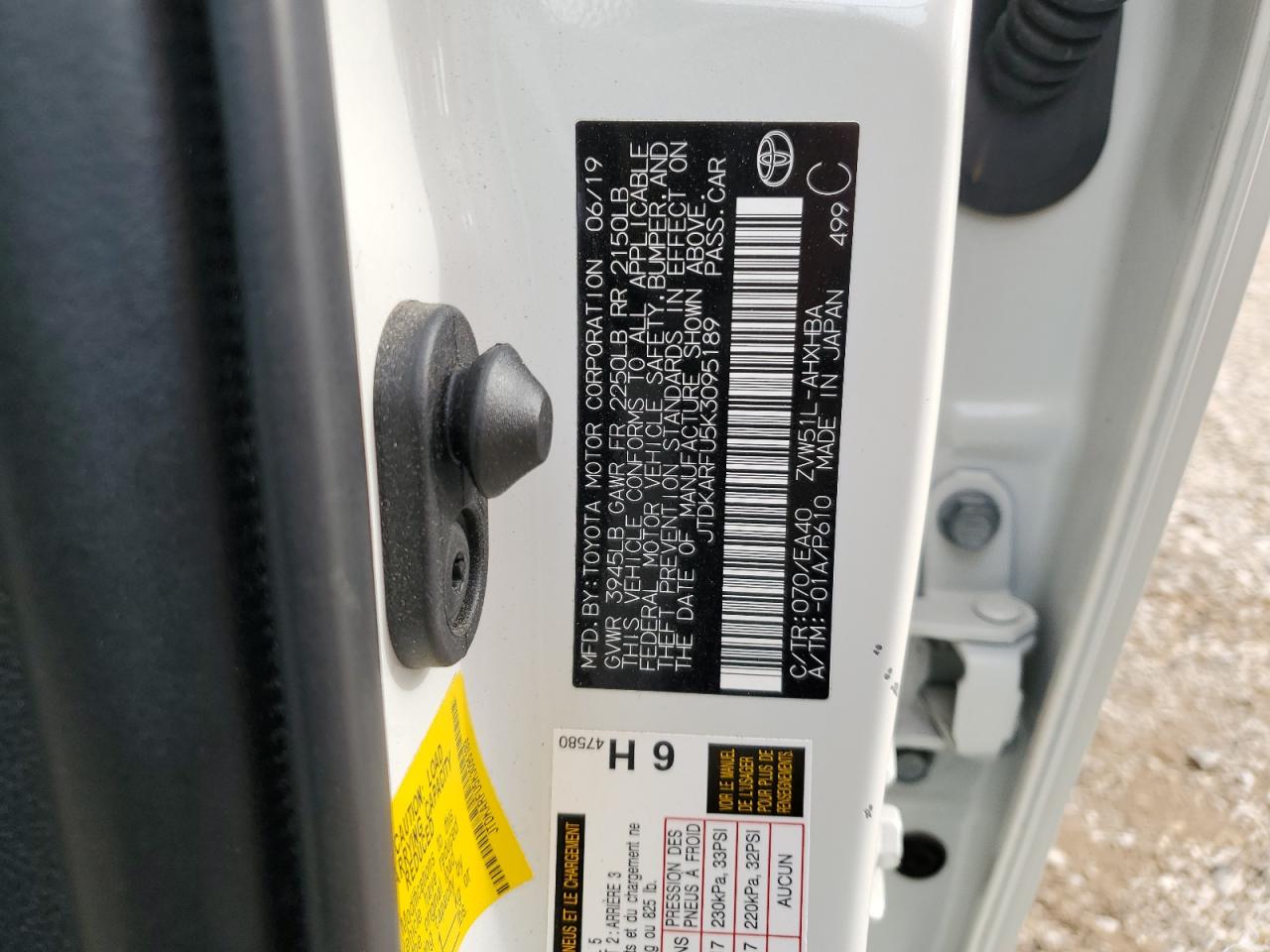 2019 Toyota Prius VIN: JTDKARFU5K3095189 Lot: 91830995