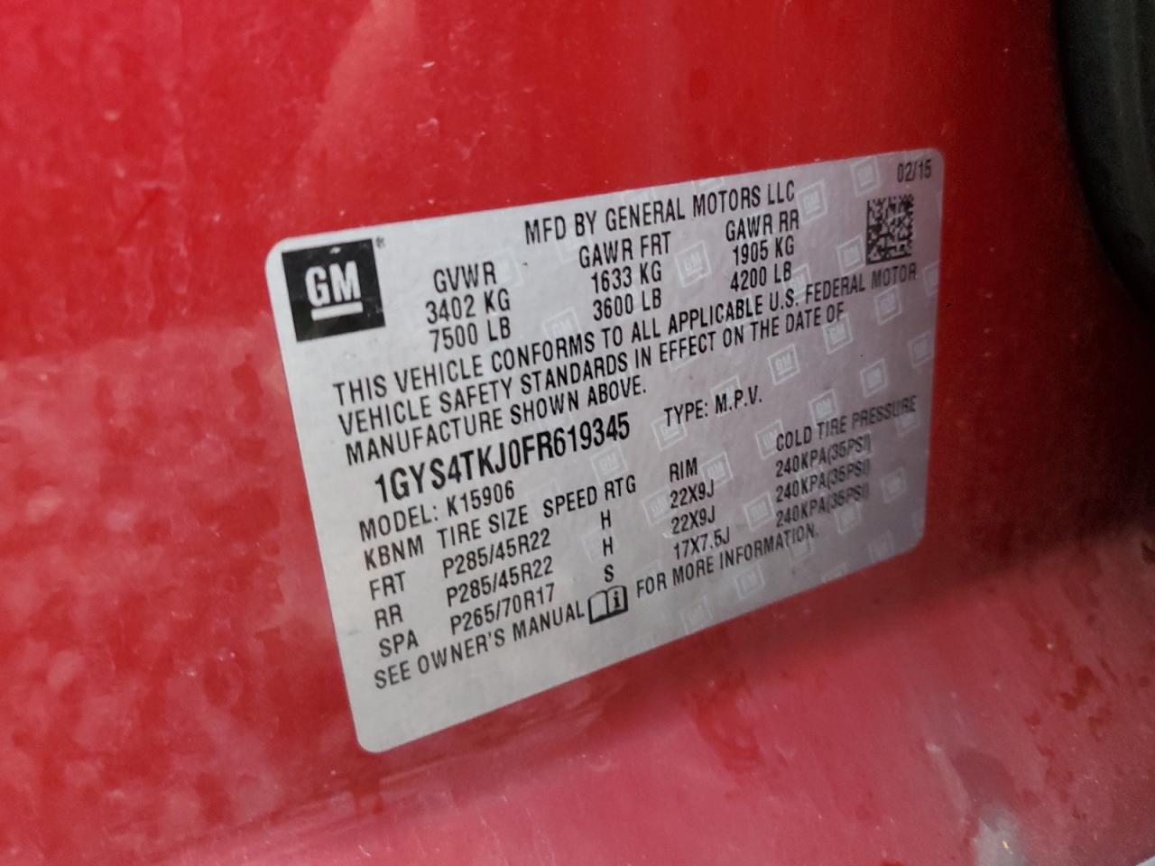 2015 Cadillac Escalade Esv Premium VIN: 1GYS4TKJ0FR619345 Lot: 93325095