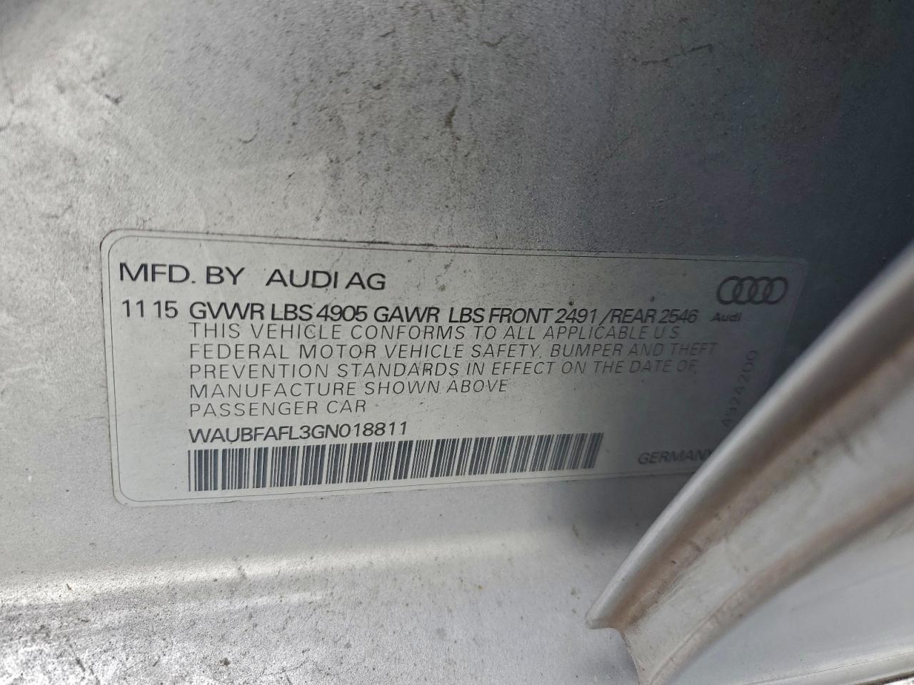 2016 Audi A4 Premium S-Line VIN: WAUBFAFL3GN018811 Lot: 93865895