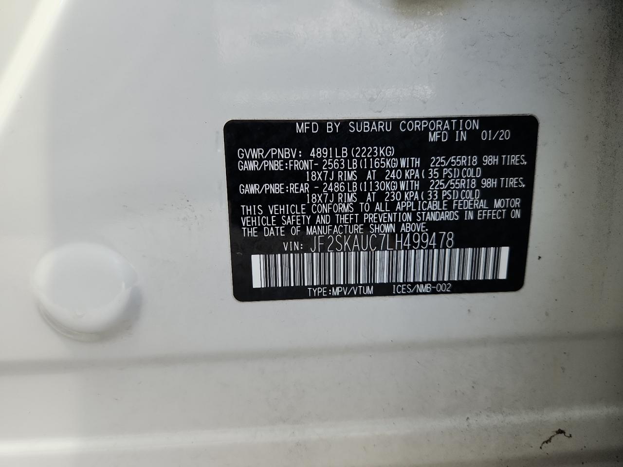 2020 Subaru Forester Limited VIN: JF2SKAUC7LH499478 Lot: 91816825