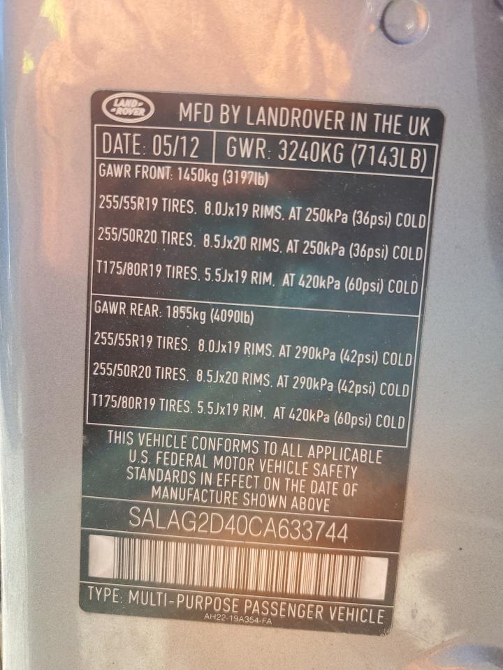 2012 Land Rover Lr4 Hse VIN: SALAG2D40CA633744 Lot: 92687045