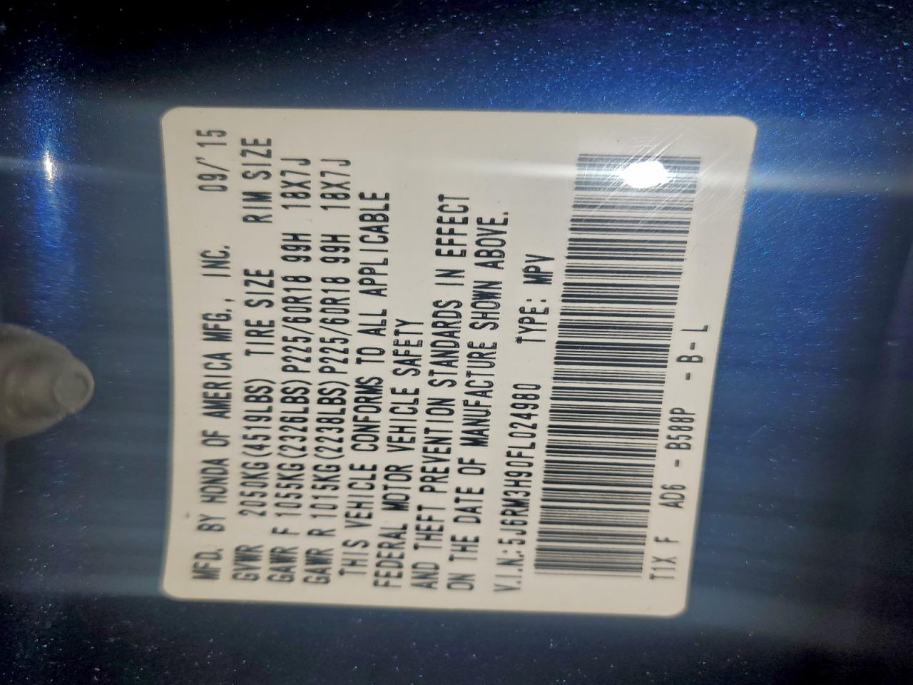 2015 Honda Cr-V Touring VIN: 5J6RM3H90FL024980 Lot: 93555615