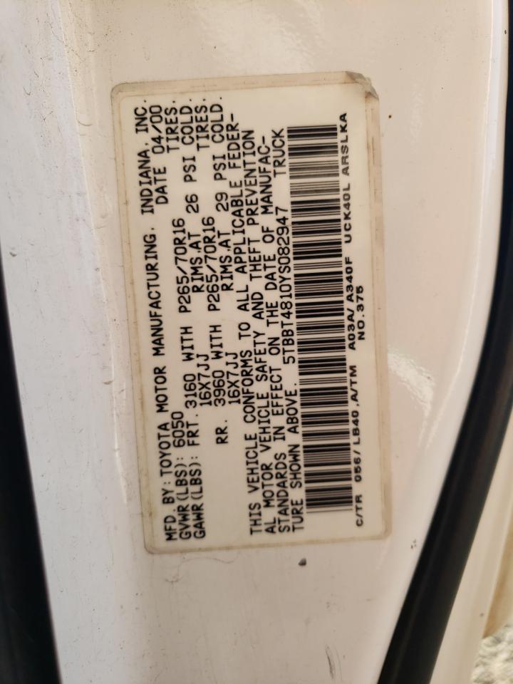 2000 Toyota Tundra Access Cab Limited VIN: 5TBBT4810YS082947 Lot: 92319365