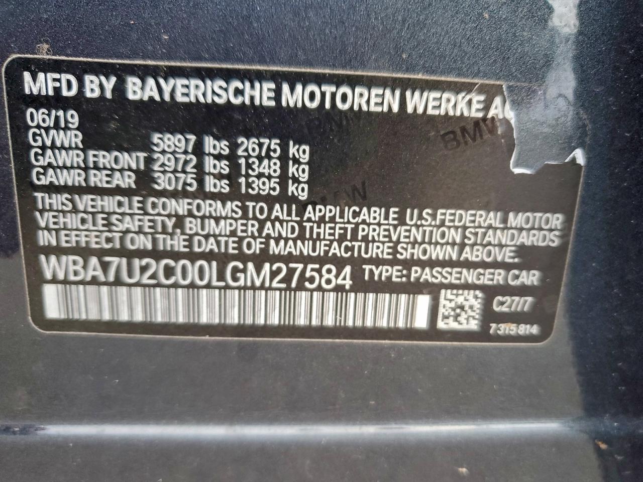 2020 BMW 750 Xi VIN: WBA7U2C00LGM27584 Lot: 94303975