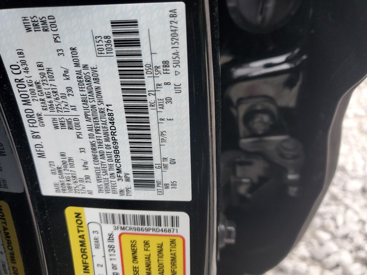 2023 Ford Bronco Sport Big Bend VIN: 3FMCR9B69PRD46871 Lot: 92763235