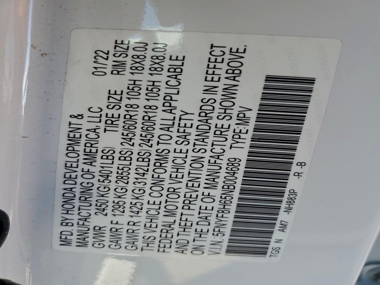 2022 Honda Passport Trail Sport VIN: 5FNYF8H65NB004689 Lot: 91938125